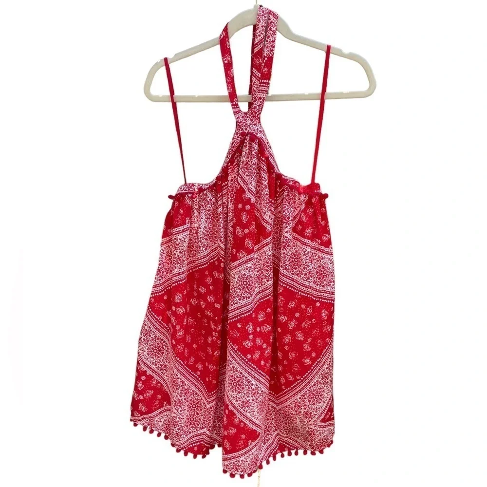 TULAROSA HOLDEN RED BANDANA PRINT HALTER NECK DRESS